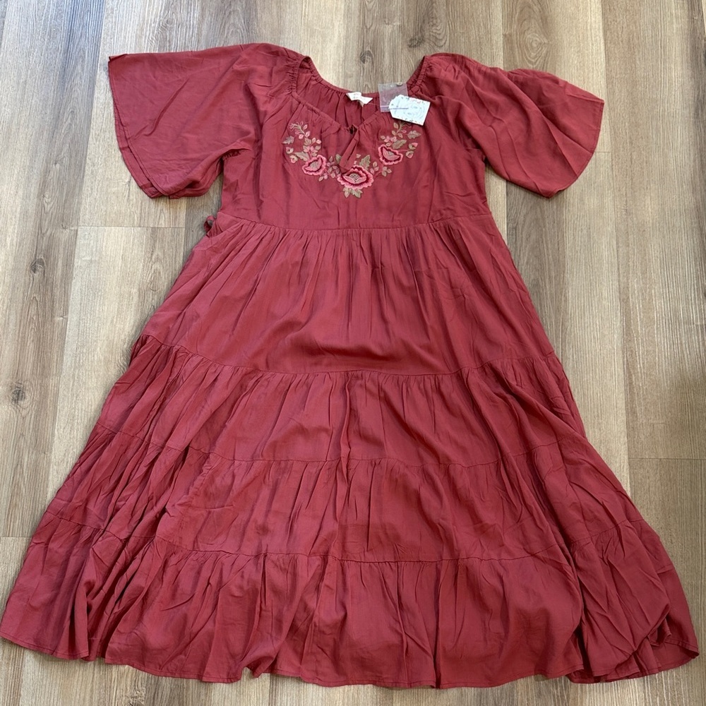 NWT April Cornell Muse Dress in Wine Red Floral Midi Tie Back Tiered Size Medium